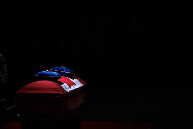 February 14, 2023, MISSISSAUGA, ON, CANADA: A light shines on the casket of former Mississauga mayor Hazel McCallion during her state funeral in the Paramount Fine Foods Centre in Mississauga, Ontario, Tuesday, Feb. 14, 2023. MISSISSAUGA CANADA  - ZUMAc35_ 20230214_zaf_c35_047 Copyright: xColexBurstonx
