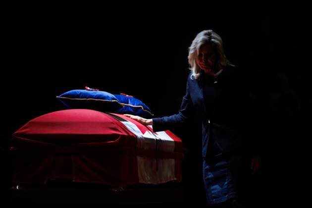 February 14, 2023, MISSISSAUGA, ON, CANADA: Bonnie Crombie, current mayor of Mississauga, puts her hand on the casket of former Mississauga mayor Hazel McCallion during her state funeral in the Paramount Fine Foods Centre in Mississauga, Ontario, Tuesday, Feb.14, 2023. MISSISSAUGA CANADA - ZUMAc35_ 20230214_zaf_c35_048 Copyright: xColexBurstonx