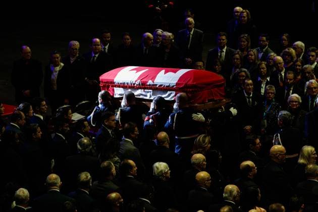 February 14, 2023, MISSISSAUGA, ON, CANADA: The casket of former Mississauga mayor Hazel McCallion arrives at the Paramount Fine Foods Centre for her state funeral in Mississauga, Ontario, Tuesday, Feb.14, 2023. MISSISSAUGA CANADA  - ZUMAc35_ 20230214_zaf_c35_050 Copyright: xColexBurstonx