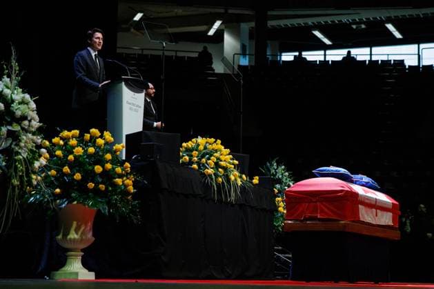 February 14, 2023, MISSISSAUGA, ON, CANADA: Prime Minister of Canada Justin Trudeau speaks over the casket of former Mississauga mayor Hazel McCallion during her state funeral in the Paramount Fine Foods Centre in Mississauga, Ontario, Tuesday, Feb. 14, 2023. MISSISSAUGA CANADA  - ZUMAc35_ 20230214_zaf_c35_052 Copyright: xColexBurstonx