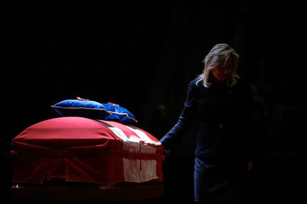 February 14, 2023, MISSISSAUGA, ON, CANADA: Bonnie Crombie, mayor of Mississauga, puts her hand on the casket of former Mississauga mayor Hazel McCallion during her state funeral in the Paramount Fine Foods Centre in Mississauga, Ontario, Tuesday, Feb. 14, 2023. MISSISSAUGA CANADA - ZUMAc35_ 20230214_zaf_c35_082 Copyright: xColexBurstonx