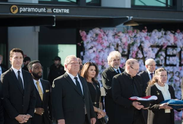 February 14, 2023, Mississauga, ONT, CANADA: Prime Minister Justin Trudeau, Ontario Premier Doug Ford and other dignitaries wait for the procession following the state funeral for former Mississauga mayor Hazel McCallion, at the Paramount Fine Foods Centre in in Mississauga, Ont., on Tuesday, February 14, 2023. Mississauga CANADA - ZUMAc35_ 20230214_zaf_c35_088 Copyright: xTijanaxMartinx