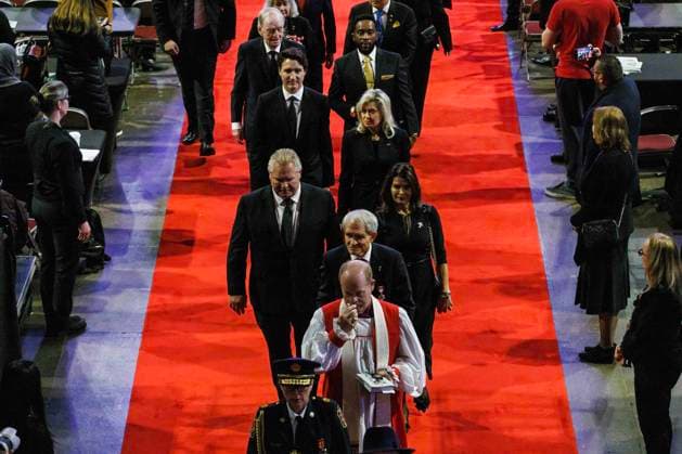 February 14, 2023, MISSISSAUGA, ON, CANADA: Ontario Premier, Doug Ford followed by Prime Minister Justin Trudeau, and former Prime Minister of Canada Jean Chro tien, follow the casket of Hazel McCallion, former mayor of Mississauga, during her state funeral at the Paramount Fine Foods Centre in Mississauga, Ontario, Tuesday, Feb. 14, 2023. MISSISSAUGA CANADA - ZUMAc35_ 20230214_zaf_c35_087 Copyright: xColexBurstonx