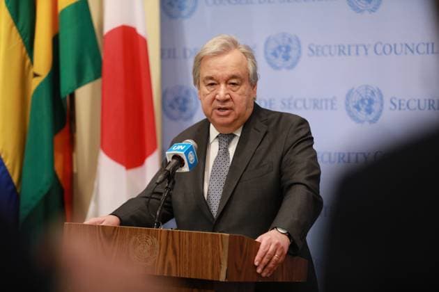News Themen der Woche KW07 (230214) -- UNITED NATIONS, Feb. 14, 2023 -- UN Secretary-General Antonio Guterres speaks to reporters at the UN headquarters in New York, on Feb. 14, 2023. Guterres announced on Tuesday the world body is launching a humanitarian appeal for 397 million U.S. dollars for the people of earthquake-hit Syria. ) UN-GUTERRES-EARTHQUAKE-HIT SYRIA-HUMANITARIAN APPEAL-LAUNCH XiexE 