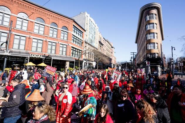 February 14, 2023, Vancouver, British Columbia, Canada: People pass through Gastown in Vancouver, British Columbia for the annual WomenÃ¢â‚¬â ¢s Memorial March to honour the lives of missing and murdered women. Vancouver Canada - ZUMAw171 20230214_znp_w171_003 Copyright: xRyanxWalterxWagnerx