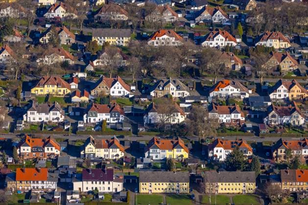 Luftbild, Bergarbeiter-Zechensiedlung zwischen Lanstroper Straße, Wirthstraße und Querstraße, rote Dächer, Horstmar, Lünen, Ruhrgebiet, Nordrhein-Westfalen, Deutschland !ACHTUNGxMINDESTHONORARx60xEURO! *** Aerial view, miners colliery settlement between Lanstroper Straße, Wirthstraße and Querstraße, red roofs, Horstmar, Lünen, Ruhr area, North Rhine Westphalia, Germany ATTENTIONxMINESTHONORARx60xEURO