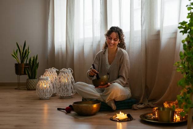Full body of positive young female with curly dark hair in casual clothes sitting on pouf on floor with crossed legs and playing Tibetan singing bowl during meditation in apartment, Model released, Property released AidaMartinez_ID12552_381052_013 Copyright: xAidaxMartinezx MR