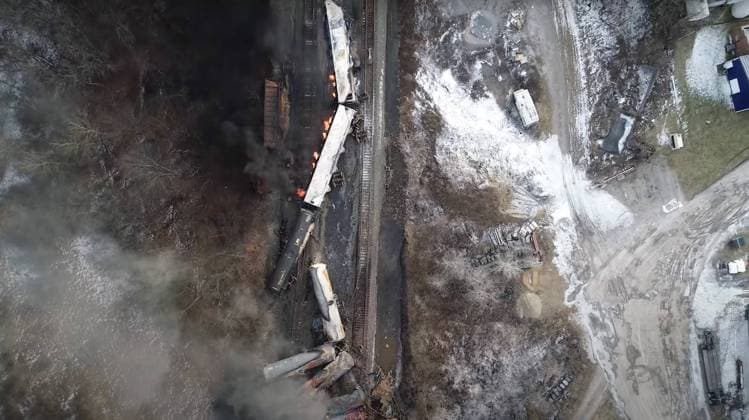 (230215) -- WASHINGTON, Feb. 15, 2023 -- This video screenshot released by the U.S. National Transportation Safety Board () shows the site of a derailed freight train in East Palestine, Ohio, the United States. About 50 Norfolk Southern freight train cars derailed on the night of Feb. 3 in East Palestine, a town of 4,800 residents near the Ohio-Pennsylvania border, due to a mechanical problem on an axle of one of the vehicles. There were a total of 20 hazardous material cars in the train consist, 10 of which derailed, according to the , a U.S. government agency responsible for civil transportation accident investigation. ( Handout via Xinhua) U.S.-OHIO-FREIGHT TRAIN-TOXIC CHEMICALS-DERAILMENT NTSB 