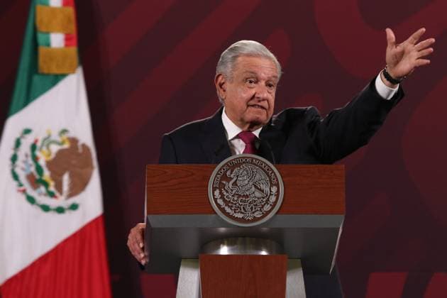 Mexican President Lopez Obrador Daily News Conference February 15, 2023, Mexico City, Mexico: Mexico™s President Andres Manuel Lopez Obrador gesticulates during his speech in his daily morning briefing conference at National Palace. on February 15, 2023 in Mexico City, Mexico. (Photo by Ismael Rosas Eyepix Group) Copyright: xIsmaelxRosas xEyepixxGroupx IR_15022023_87934