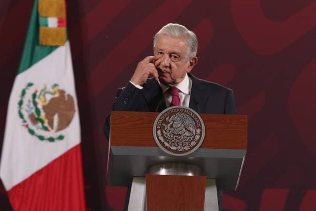 Mexican President Lopez Obrador Daily News Conference February 15, 2023, Mexico City, Mexico: Mexico™s President Andres Manuel Lopez Obrador gesticulates during his speech in his daily morning briefing conference at National Palace. on February 15, 2023 in Mexico City, Mexico. (Photo by Ismael Rosas Eyepix Group) Copyright: xIsmaelxRosas xEyepixxGroupx IR_15022023_87935