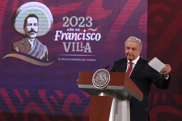 Mexican President Lopez Obrador Daily News Conference February 15, 2023, Mexico City, Mexico: Mexico™s President Andres Manuel Lopez Obrador gesticulates during his speech in his daily morning briefing conference at National Palace. on February 15, 2023 in Mexico City, Mexico. (Photo by Ismael Rosas Eyepix Group) Copyright: xIsmaelxRosas xEyepixxGroupx IR_15022023_87936