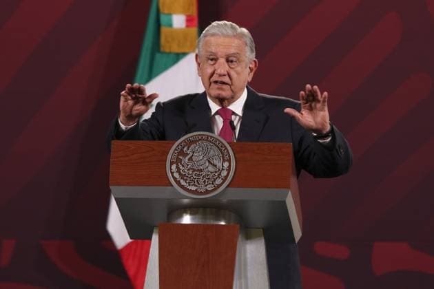 February 15, 2023, Mexico City, Mexico: MexicoÃ¢â‚¬â ¢s President Andres Manuel Lopez Obrador gesticulates during his speech in his daily morning briefing conference at National Palace. on February 15, 2023 in Mexico City, Mexico. Mexico City Mexico - ZUMAe321 20230215_zia_e321_050 Copyright: xIsmaelxRosasx