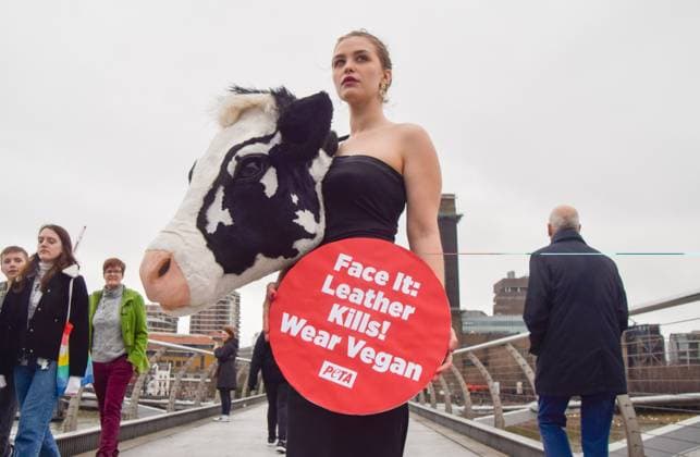 February 16, 2023, London, United Kingdom: PETA (People for the Ethical Treatment of Animals) staged a ˜catwalk™ on Millennium Bridge on the eve of London Fashion Week with a model wearing an outfit with a faux cow™s head and holding a placard which states Leather kills, wear vegan . The stunt aims to inspire people to ditch animal leather and references Schiaparelli™s ˜animal heads™ which caused much controversy recently at Paris Fashion Week. London United Kingdom - ZUMAs197 20230216_zaa_s197_349 Copyright: xVukxValcicx