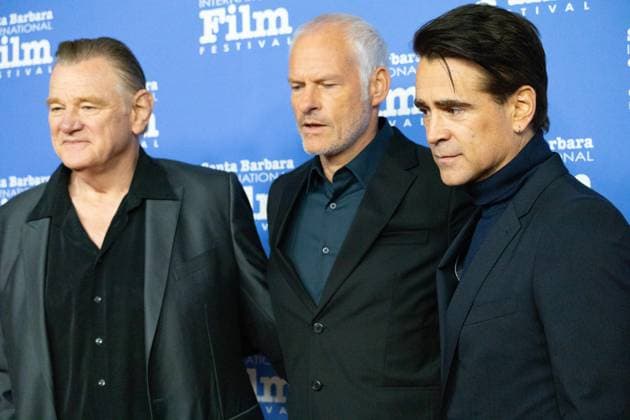 February 16, 2023, Santa Barbara, California, U.S: Colin Farrell (right) arrives on the Red Carpet on the Red Carpet at the Santa Barbara International Film Festival, February 16, 2023, at the historic Arlington Theater in Santa Barbara. Farrell and co-star Brendan Gleeson (left) are being honored with the Cinema Vanguard Award for their performances in Banshees of insherin. ..Martin McDonagh (center) will be presenting the award. Santa Barbara U.S. - ZUMAk144 20230216_znp_k144_108 Copyright: xAmyxKatzx