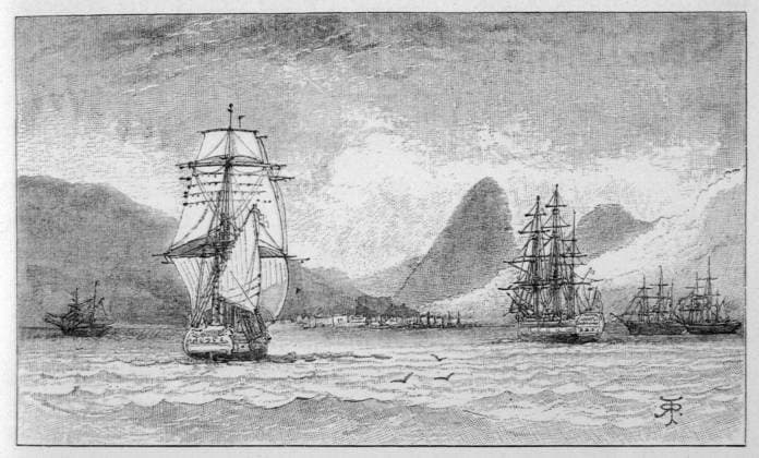 Hms Beagle at Mauritius HMS Beagle , the ship in which Charles Darwin sailed, approaching Mauritius Date: 1836  Copyright: Copyrightx(c)Geminix2023.xCredit:xGemini 12003575