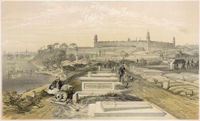 The Hospital at Scutari - Crimean War The hospital at Scutari and, conveniently close, the cemetery : it was here that Florence Nightingale worked Date: 1854 - 1855  Copyright: Copyrightx(c)Geminix2023.xCredit:xGemini 12005833