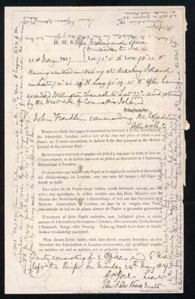 Franklin s Writing Document transcribed by Sir John Franklin stating that H.M.S Erebus & Terror wintered in the ice at Beechey Island. Informs of his death & signed by Capt.s Crozier & Fitzjames. Date: 28 May 1847  Copyright: Copyrightx(c)Geminix2023.xCredit:xGemini 12006268