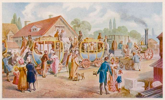 IMAGO History, Die Geburt des Eisenbahnverkehrs: 1802-1830 Liverpool Manchestr Rail THE LIVERPOOL - MANCHESTER RAILWAY : the departure of the world s first passenger train, drawn by Stephenson s Rocket and with rolling stock resembling road carriages Date: 15 September 1830  Copyright: Copyrightx(c)Geminix2023.xCredit:xGemini 12006556