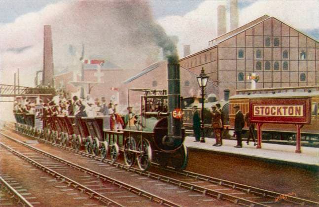 IMAGO History, Die Geburt des Eisenbahnverkehrs: 1802-1830 Stockton - Darlington Centenary Celebrating the centenary of the opening of the Stockton Darlington railway - Locomotion performing again at Stockton station. Date: 27-Sep-25  Copyright: Copyrightx(c)Geminix2023.xCredit:xGemini 12007055
