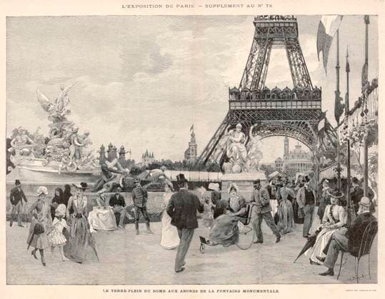 Visitors near Eiffel Tower, Paris Visitors stroll in the fresh air beneath the newly built Eiffel Tower in Paris, in front of the monumental fountain. Date: 1889  Copyright: Copyrightx(c)Geminix2023.xCredit:xGemini 13836675