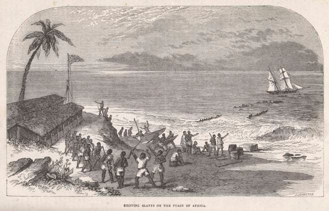 IMAGO History, Ende des afrikanischen Sklavenhandels und die Abschaffung der Sklaverei: 1807-1888 Slavery - Africa WEST AFRICA Embarking slaves from the African coast for shipment to the Americas Date: 1865  Copyright: Copyrightx(c)Geminix2023.xCredit:xGemini 13837096