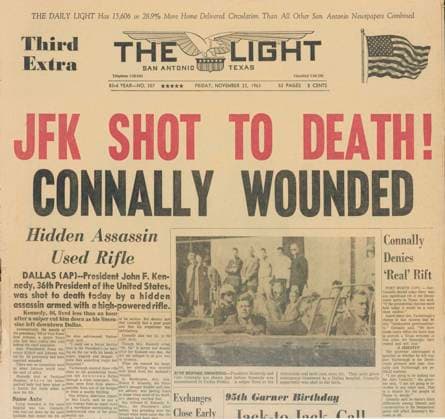 IMAGO History, Ermordung von US-Präsident John F. Kennedy in Dallas, 1963 JFK ASSASSINATED PAPER The headline of the San Antonio Light reporting the assassination of President Kennedy: JFK shot to death! Date: 23rd November 1963  Copyright: Copyrightx(c)Geminix2023.xCredit:xGemini 13842004