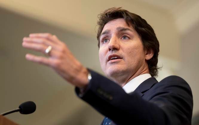 February 17, 2023, Ottawa, ON, Canada: Prime Minister Justin Trudeau gestures as he responds to a question about the Public Order Emergency Commission report on the Liberal government s use of the Emergencies Act, in Ottawa, Friday, Feb.17, 2023. Ottawa Canada  - ZUMAc35_ 20230217_zaf_c35_085 Copyright: xAdrianxWyldx