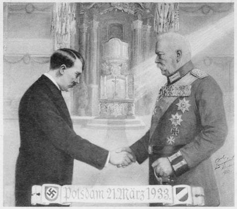HITLER REICHSKANZLER At Potsdam, in the Garnisonkirche, Hindenburg puts a brave face on things as he shakes hands with Germany s new Reichskanzler Date: 21-Mar-33  Copyright: Copyrightx(c)Geminix2023.xCredit:xGemini 13842315