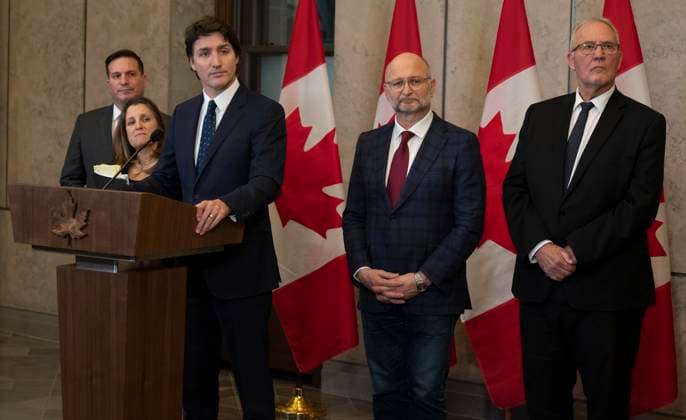 February 17, 2023, Ottawa, ON, Canada: Public Safety Minister Marco Mendicino, Deputy Prime Minister and Finance Minister Chrystia Freeland, Prime Minister Justin Trudeau, Justice Minister and Attorney General of Canada David Lametti and President of the KingöÄÃ s Privy Council for Canada and Emergency Preparedness Minister Bill Blair listen to a reporters question, in Ottawa, Friday, Feb.17, 2023. Ottawa Canada - ZUMAc35_ 20230217_zaf_c35_086 Copyright: xAdrianxWyldx