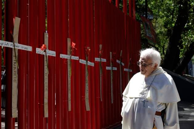 February 19, 2023, Mexico City, Mexico: Archbishop emeritus Raul Vera on the 17th anniversary of the Pasta de Conchos Mine tragedy at a protest at the offices of the Federal Electricity Commission in Mexico City. on February 19, 2023 in Mexico City, Mexico Mexico City Mexico - ZUMAe321 20230220_zia_e321_032 Copyright: x<authorx