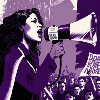 Creative Highlights Symbolbilder Side view of furious female leader shouting in megaphone near crowd of protesters with placards during rally ManuelRuiz_ID12799_388344_023 Copyright: xManuelxRuizx Model Released