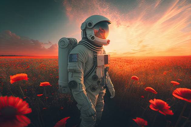 Creative Highlights Symbolbilder AI GENERATED IMAGE Side view of a helmeted Astronaut in a red poppy field at sunset. Generative AI MarcosOsorio_ID12902_391956_006 Copyright: xMarcosxOsoriox Model Released