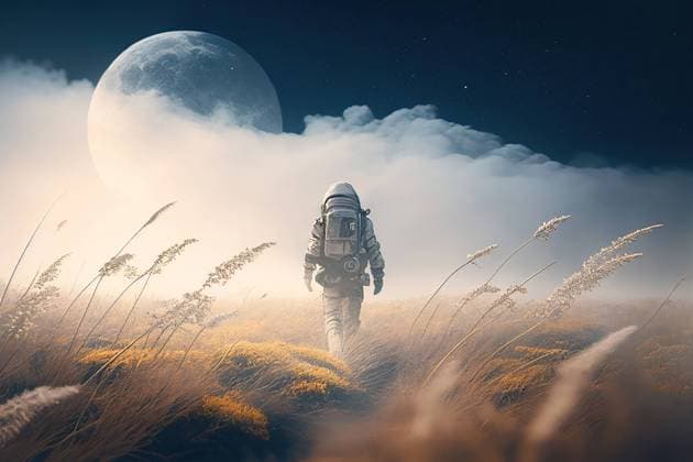 AI GENERATED IMAGE Back view of astronaut walking through a wheat field in fog with the moon sky in the background. Generative AI MarcosOsorio_ID12902_391963_013 Copyright: xMarcosxOsoriox Model Released