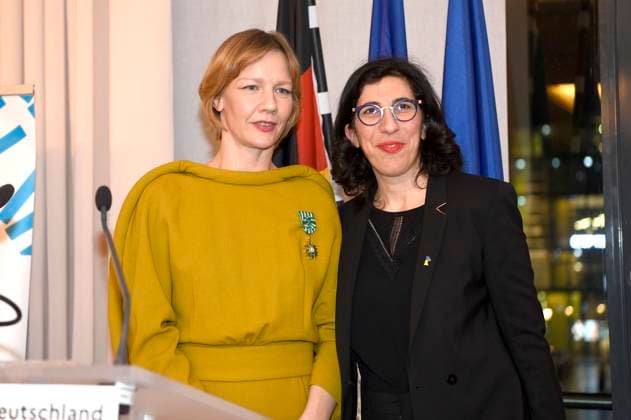 Sandra Hüller and Rima Abdul Malak at the award ceremony of the Ordre des Arts et des Lettres to Sandra Hüller and Vicky Krieps at the Berlinale 2023 73 Berlin International Film Festival at the French Embassy Berlin, 20 02 2023. Foto:xC.xNiehausx xFuturexImage