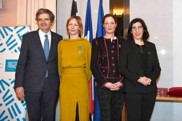 Francois Delattre, Sandra Hüller, Vicky Krieps and Rima Abdul Malak at the award ceremony of the Ordre des Arts et des Lettres to Sandra Hüller and Vicky Krieps at the Berlinale 2023 73 Berlin International Film Festival at the French Embassy Berlin, 20 02 2023. Foto:xC.xNiehausx xFuturexImage