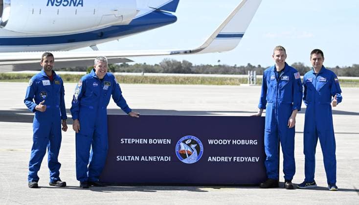 Bilder des Jahres 2023, News 02 Februar News Themen der Woche KW08 News Bilder des Tages UAE Astronaut Sultan Al Neyadi, NASA Astronauts Stephen Bowen and Warren Hoburg and Russian Cosmonaut Andrey Fedaev (l to r) pose for the media after arriving at the Kennedy Space Center, Florida on Tuesday, February 21, 2023.The crew will be launched to the International Space Station on the SpaceX Crew Dragon spacecraft.  KSP20230221014 JOExMARINO