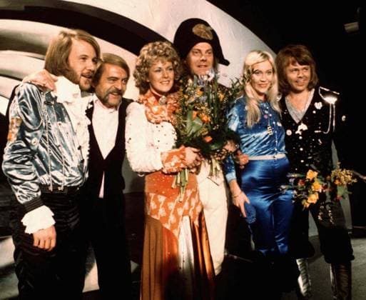 FILE - In this April 6, 1974 file photo, members of Swedish group ABBA and close associates celebrate the victory of their song Waterloo in the Eurovision Song Contest in Brighton, England. The four members of ABBA, Benny Andersson, left, Annifrid Lyngstad, third left, Agnetha Faltskog, second right, and Bjorn Ulvaeus, right, , second right, were the most successful winners of the Eurovision Song Contest, enjoying unprecedented success after their victory. The final of this year s competition takes place on Saturday, May 14 in the Swedish capital Stockholm. TT NEWS AGENCY Brighton GBR FILE ENT x200x *** FILE In this April 6, 1974 file photo, members of Swedish group ABBA and close associates celebrate the victory of their song Waterloo  Copyright: xx BENNY ANDERSSON 70