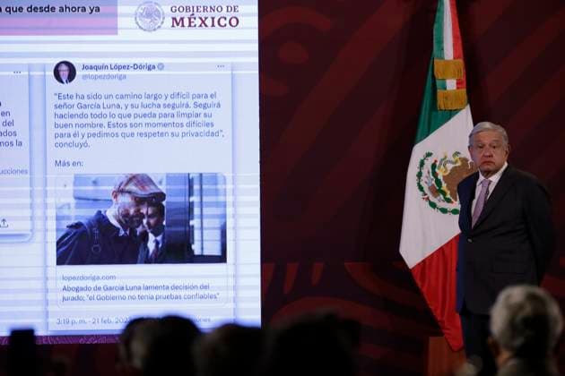 President of Mexico highlights guilty verdict of Genaro Garcia Luna February 22, 2023, Mexico City, Mexico: Mexican President Andres Manuel Lopez Obrador highlights the guilty verdict against former Secretary of Security Genaro Garcia Luna at the press conference at the National Palace in Mexico City. on February 22, 2023 in Mexico City, Mexico (Photo by Luis Barron Eyepix Group). Copyright: xLuisxBarronx xEyepixxGroupx LB20230222_AMLO6