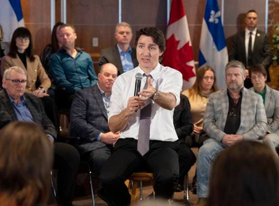 February 22, 2023, Longueuil, PQ, Canada: Prime Minister Justin Trudeau takes part in a town hall meeting with Quebec agricultural producers in Longueuil, Que., Wednesday, Feb. 22, 2023. Longueuil Canada  - ZUMAc35_ 20230222_zaf_c35_112 Copyright: xRyanxRemiorzx