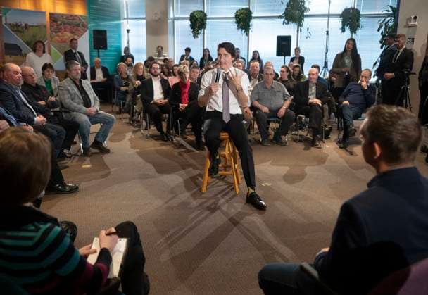 February 22, 2023, Longueuil, PQ, Canada: Prime Minister Justin Trudeau takes part in a town hall meeting with Quebec agricultural producers in Longueuil, Que., Wednesday, Feb. 22, 2023. Longueuil Canada  - ZUMAc35_ 20230222_zaf_c35_118 Copyright: xRyanxRemiorzx