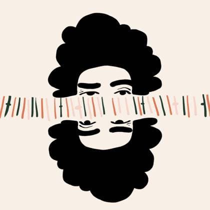 Creative Highlights Symbolbilder Simple drawing of man with black afro hair and thick eyebrows reflecting in mirror with colorful frame on pink background BrendaFebus_ID12865_391127_050 Copyright: xBrendaxFebusx Model Released