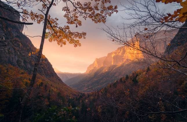 Amazing scenery of rocky mountains covered with autumn trees on sunny day in Ordesa y Monte Perdido National Park JavierMartinez_ID12785_387849_016 Copyright: xJavierxMartinezx Model Released
