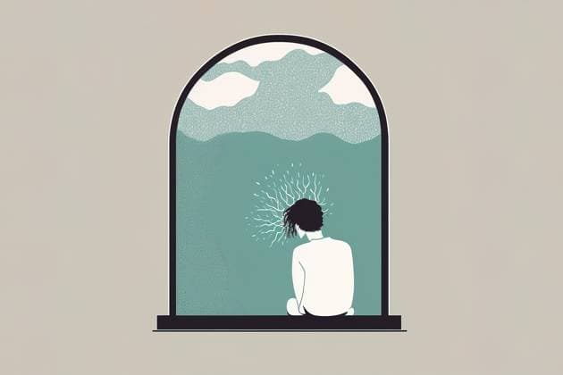 Creative Highlights Symbolbilder Illustration of man in white apparel sitting on windowsill and looking at blue cloudy sky against beige background, Property released LorenaOliverSig_ID12915_392265_005 Copyright: xLorenaxOliverxSigx Model Released