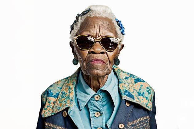 Creative Highlights Symbolbilder Generative AI illustration of confident African American female in trendy outfit and glasses looking at camera on white background ManuelRuiz_ID12879_391330_020 Copyright: xManuelxRuizx Model Released