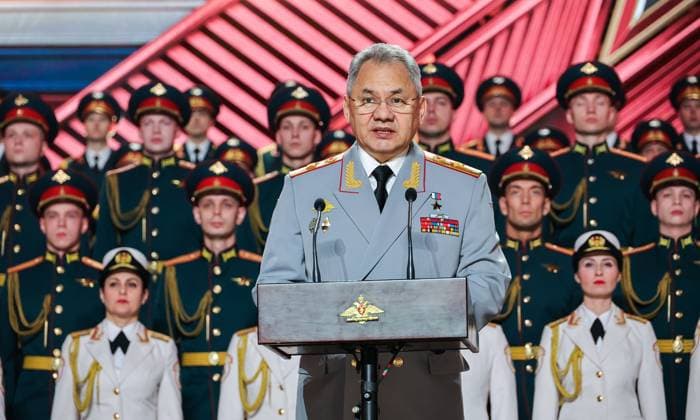 RUSSIA, MOSCOW - FEBRUARY 23, 2023: Russia s Defence Minister Sergei Shoigu addresses Russian citizens during a concert at the Central Academic Theatre of the Russian Army on Defender of the Fatherland Day. Vadim Savitsky Russian Defence Ministry TASS  57519841