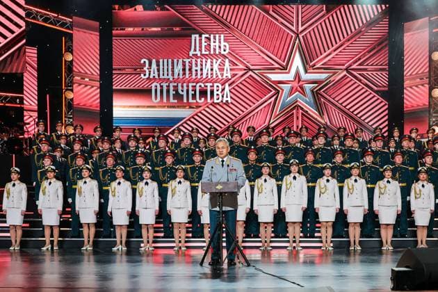 RUSSIA, MOSCOW - FEBRUARY 23, 2023: Russia s Defence Minister Sergei Shoigu addresses Russian citizens during a concert at the Central Academic Theatre of the Russian Army on Defender of the Fatherland Day. Vadim Savitsky Russian Defence Ministry TASS  57519842