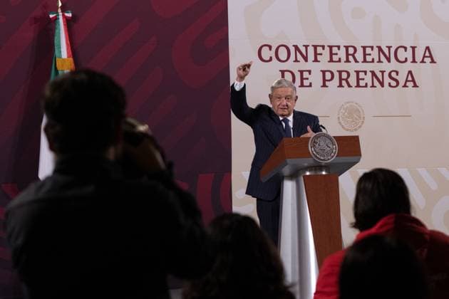 Mexican President, Lopez Obrador Morning Briefing Conference February 23, 2023. Mexico City, Mexico. Mexico s President, Andres Manuel Lopez Obrador, gestuculates during his daily press conference at Treasury Hall of the National Palace. During his act, Lopez Obrador, response questions from media. On February 23, 2023 in Mexico City. (Photo by Alex Dalton Eyepix Group) Copyright: xAlexxDaltonx xEyepixxGroupx AD_230220230