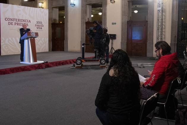 Mexican President, Lopez Obrador Morning Briefing Conference February 23, 2023. Mexico City, Mexico. Mexico s President, Andres Manuel Lopez Obrador, gestuculates during his daily press conference at Treasury Hall of the National Palace. During his act, Lopez Obrador, response questions from media. On February 23, 2023 in Mexico City. (Photo by Alex Dalton Eyepix Group) Copyright: xAlexxDaltonx xEyepixxGroupx AD_230220232