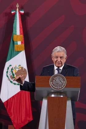 Mexican President, Lopez Obrador Morning Briefing Conference February 23, 2023. Mexico City, Mexico. Mexico s President, Andres Manuel Lopez Obrador, gestuculates during his daily press conference at Treasury Hall of the National Palace. During his act, Lopez Obrador, response questions from media. On February 23, 2023 in Mexico City. (Photo by Alex Dalton Eyepix Group) Copyright: xAlexxDaltonx xEyepixxGroupx AD_230220235