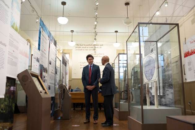 February 23, 2023, Halifax, NS, Canada: Prime Minister Justin Trudeau, left, speaks with Percy Paris while touring the Africville museum in Halifax on Thursday, February 23, 2023. Halifax Canada  - ZUMAc35_ 20230223_zaf_c35_090 Copyright: xDarrenxCalabresex